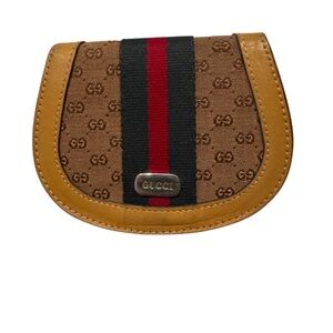 Vintage Gucci Tan Coin Pouch Signature GG & Red & Green Stripe Ribbon